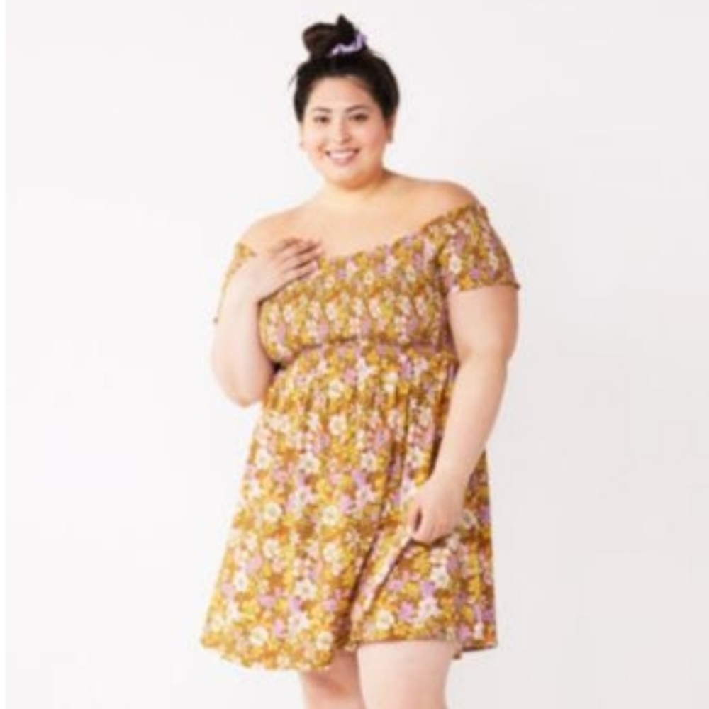 Juniors' Plus Size Rewind Off-The-Shoulder Smocked Skater Dress